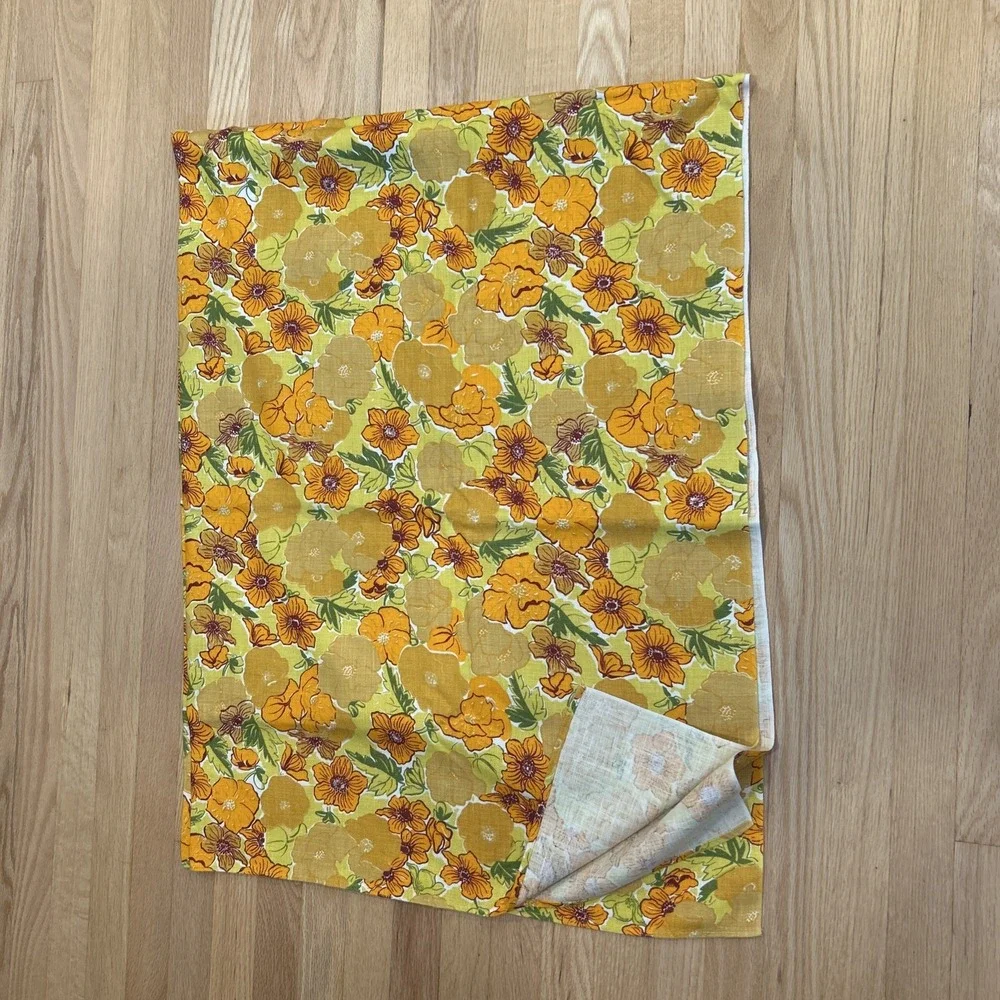 Vintage 70s Floral Linen Tablecloth 53x70 Groovy Yellow Orange Flower Power Mod